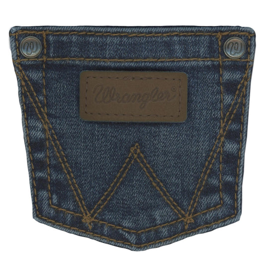 Denim jeans back pocket with brown stitching and a leather patch label