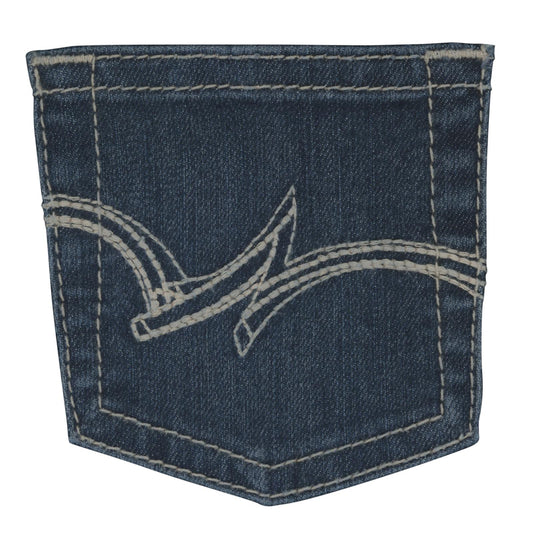 Denim jeans back pocket with white contrast stitching and decorative wave design
