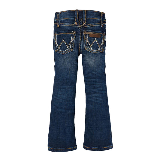 Back view of blue bootcut jeans with decorative stitching and flared legs