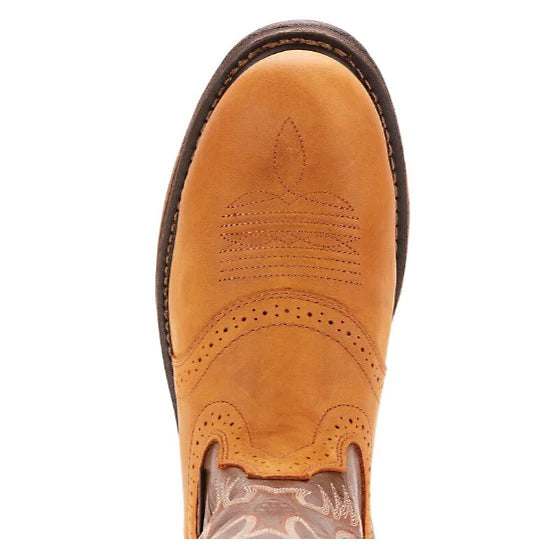 Tan leather cowboy boot with stitched design and round toe, viewed from above