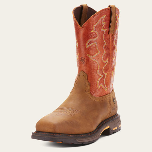 Brown leather western work boot with orange shaft and detailed stitching