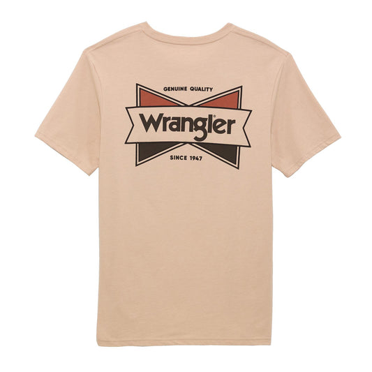 Beige short sleeve t-shirt with large Wrangler logo and bowtie graphic on the back.