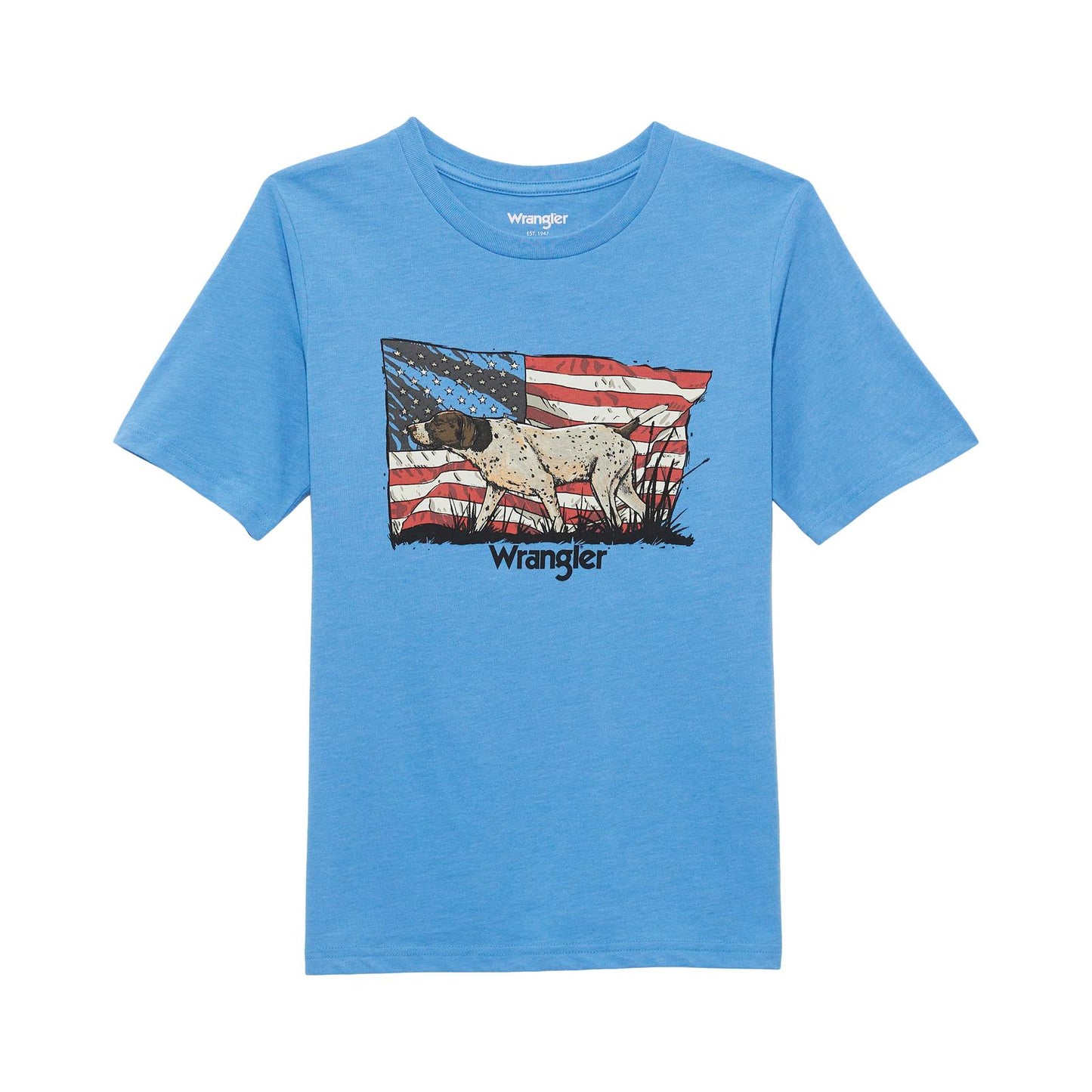 Blue graphic t-shirt featuring a dog and American flag design, Wrangler logo visible