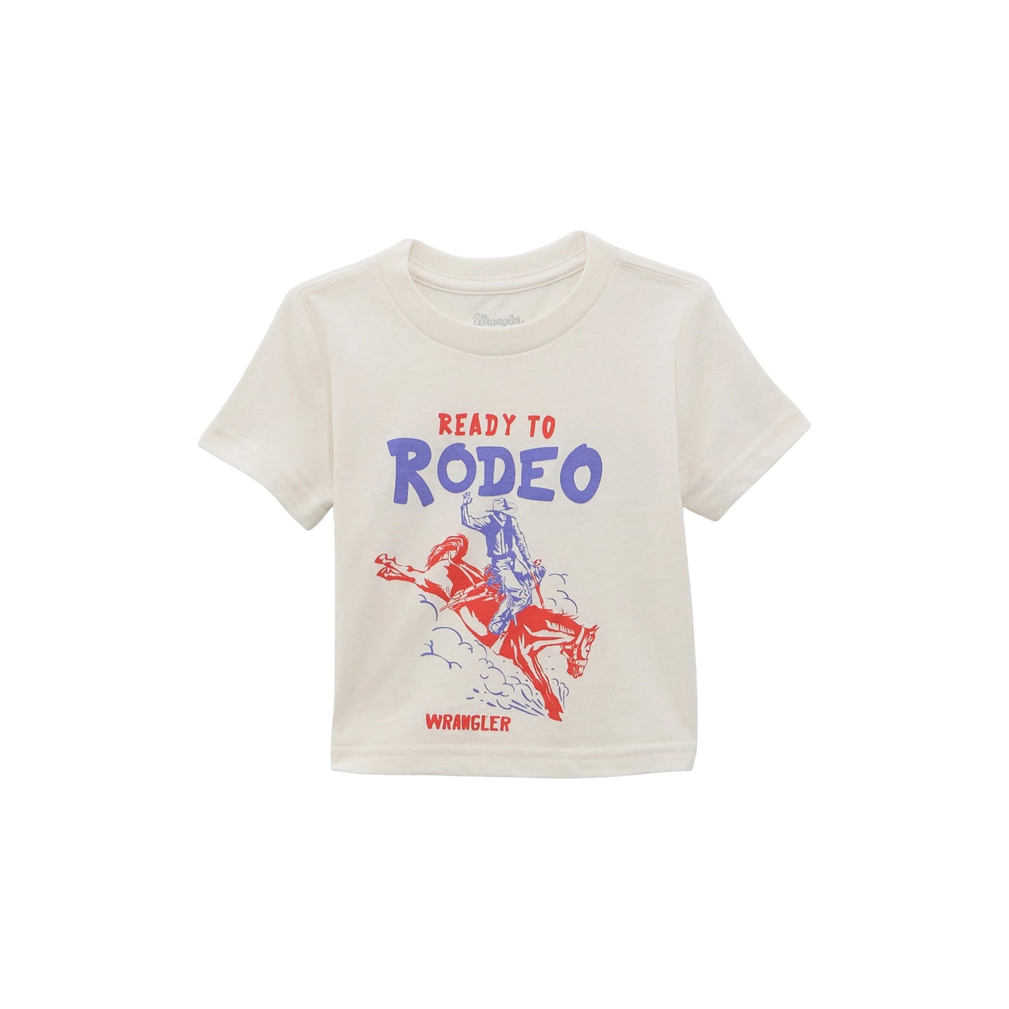 Kids cream graphic tee with Ready to Rodeo cowboy print and red Wrangler text on front