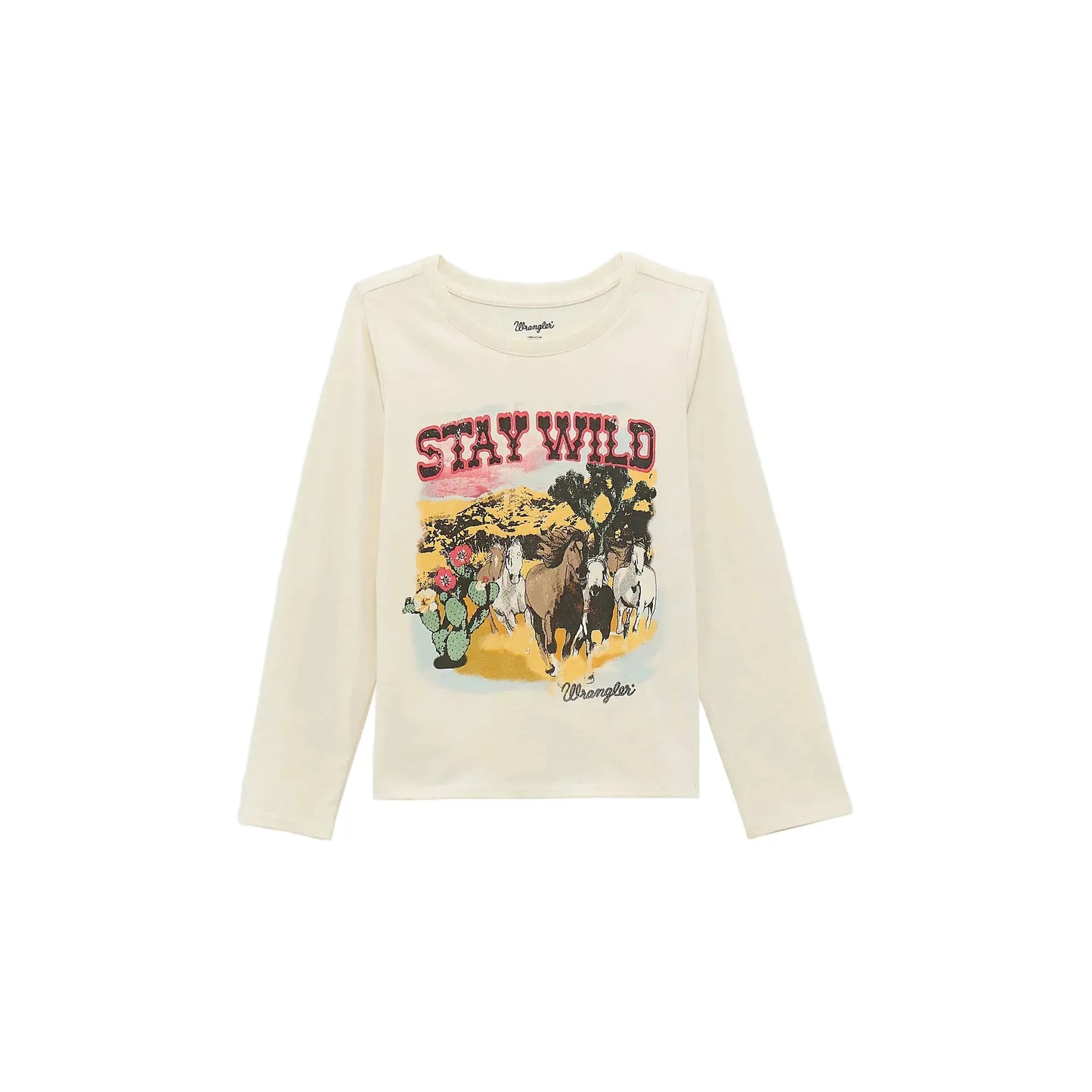 Cream long sleeve kids shirt with 'Stay Wild' text, running horses, desert cactus graphic