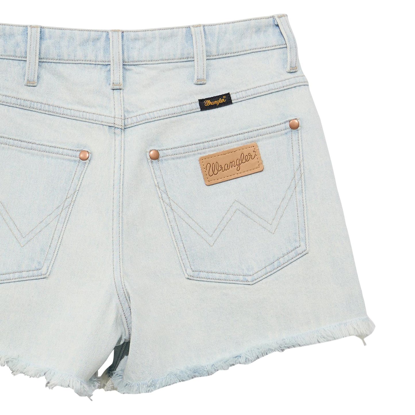 Light blue denim shorts with a Wrangler logo on a white background