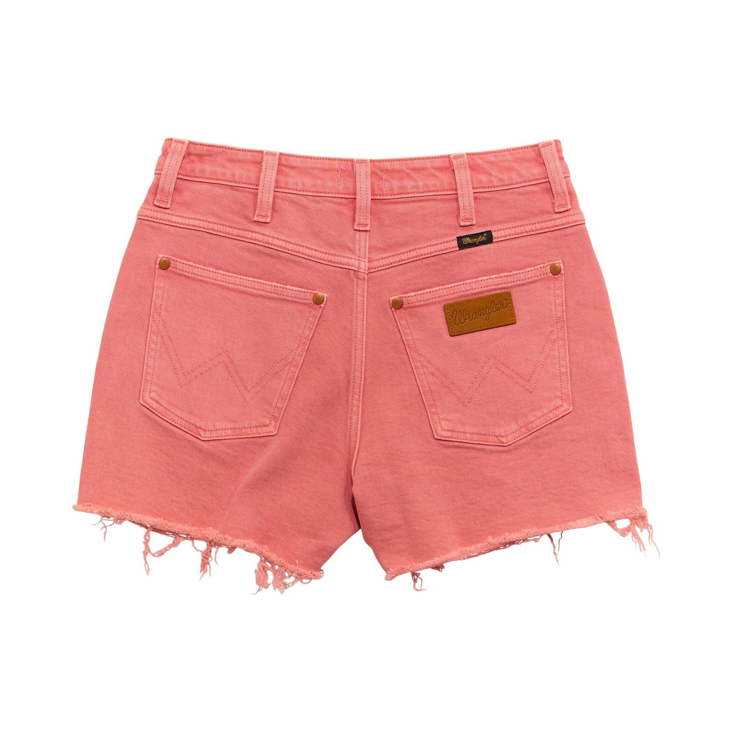 Back view of pink denim cutoff shorts with frayed hems and back pockets