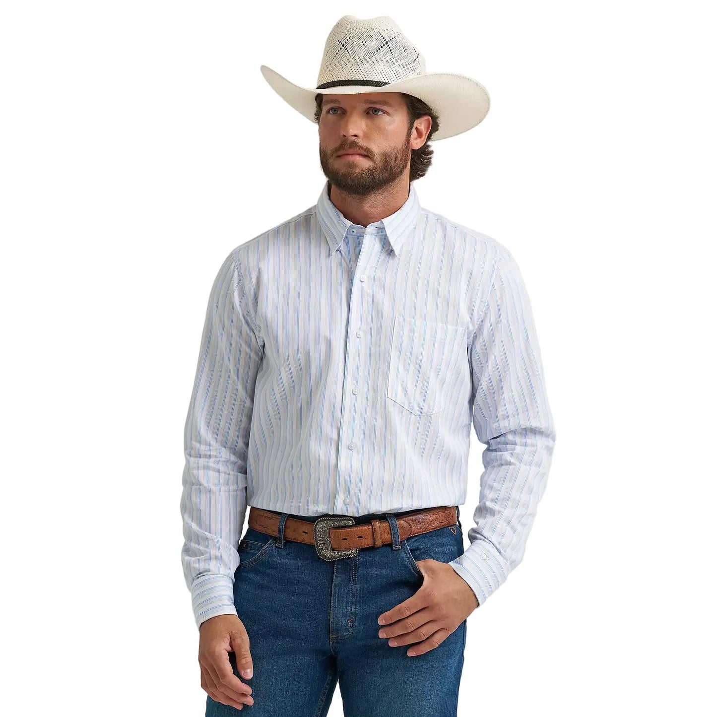 Man wearing a white and blue striped western shirt, cowboy hat, belt, and blue jeans