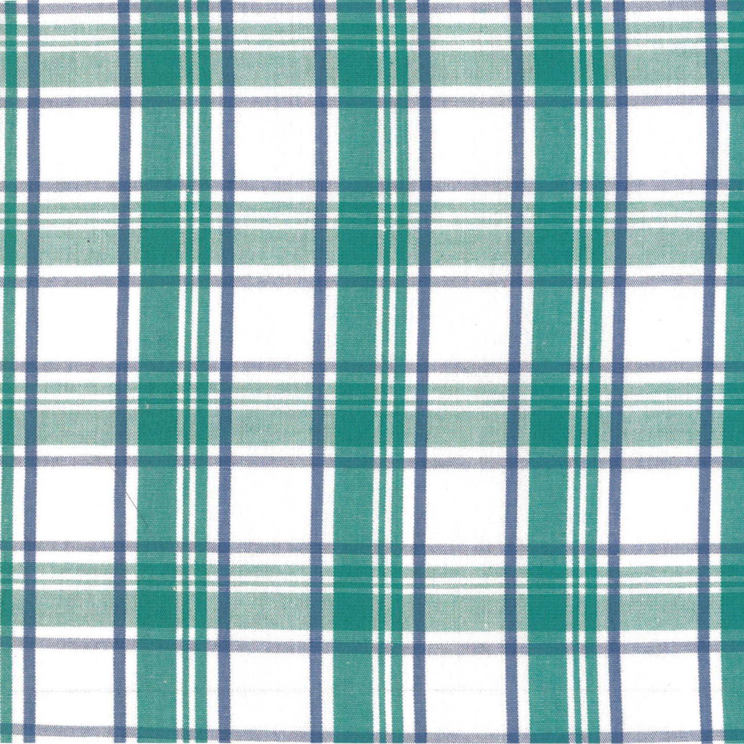 Green and blue plaid fabric pattern on white background, textile material closeup