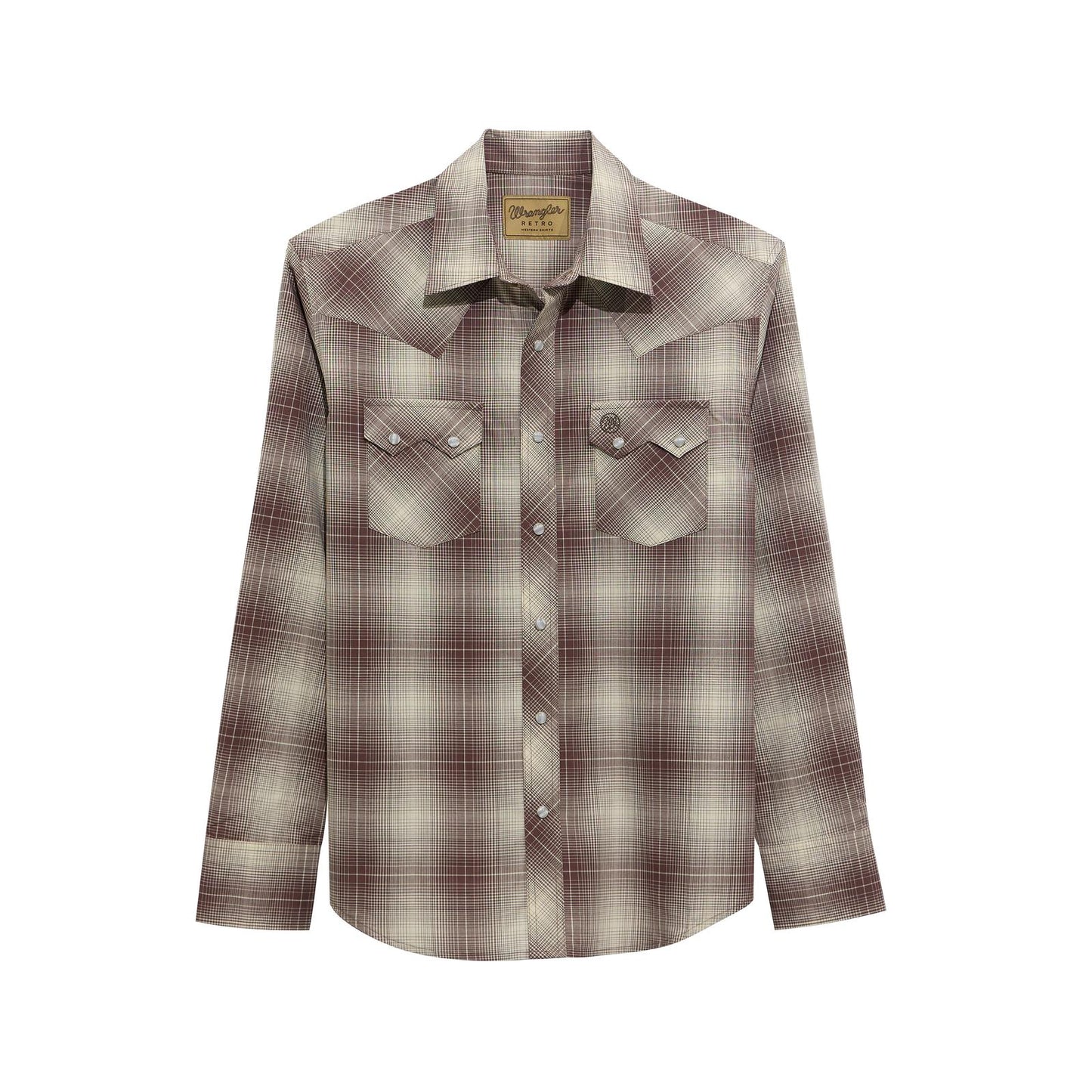 Men's brown plaid western shirt with snap buttons and dual chest pockets, long sleeve.