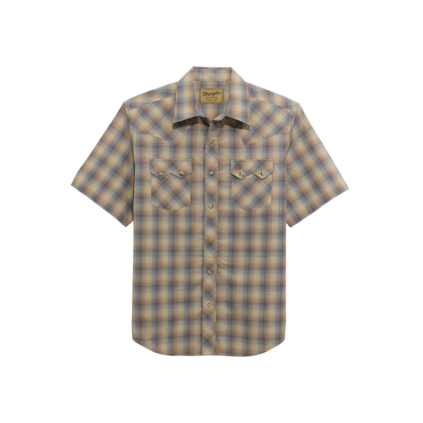 Men's short sleeve plaid western shirt with snap buttons and dual chest pockets.