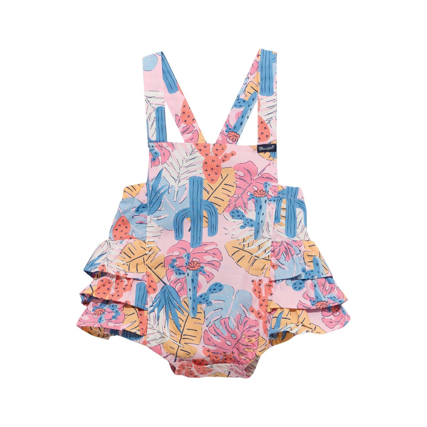 Pink baby romper with colorful tropical leaf and cactus print, ruffled sides, crossback straps