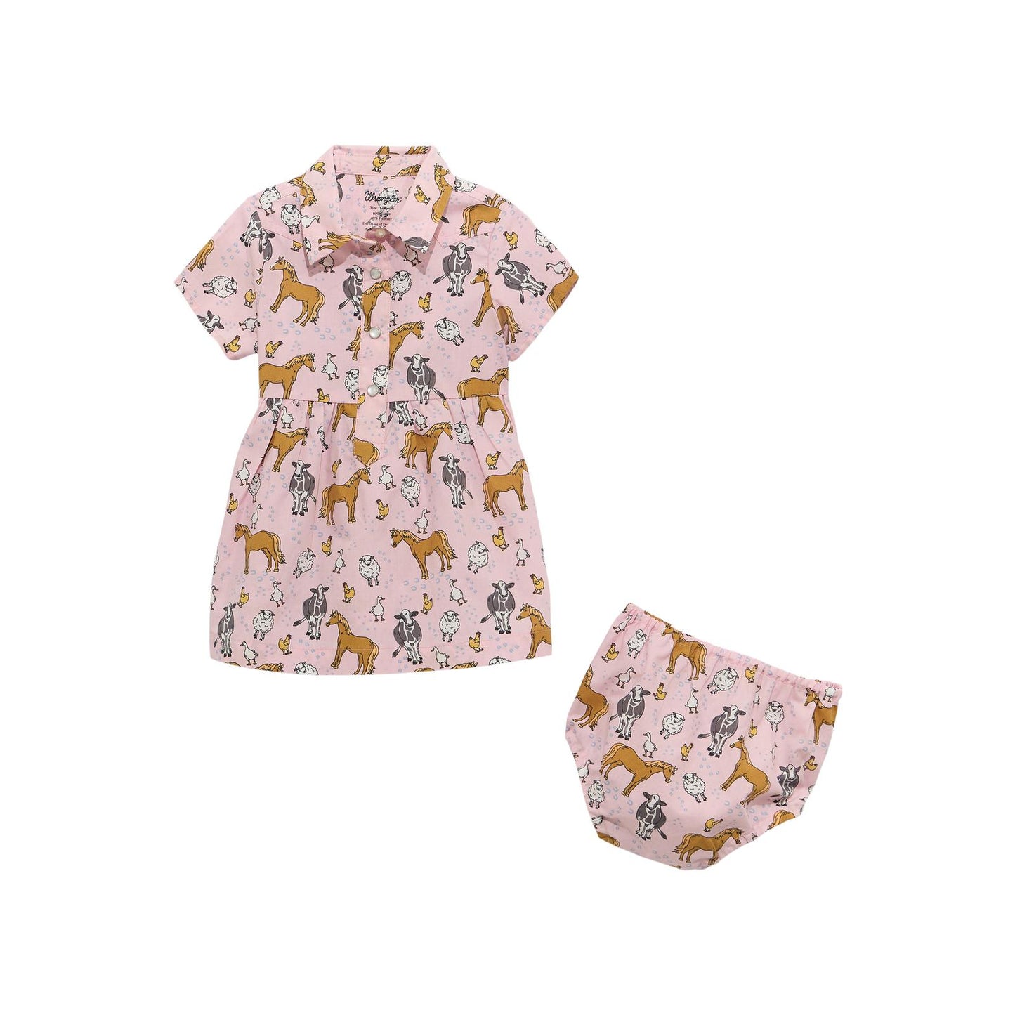 Pink baby dress and diaper cover set with farm animal print, featuring horses, cows, and chickens.