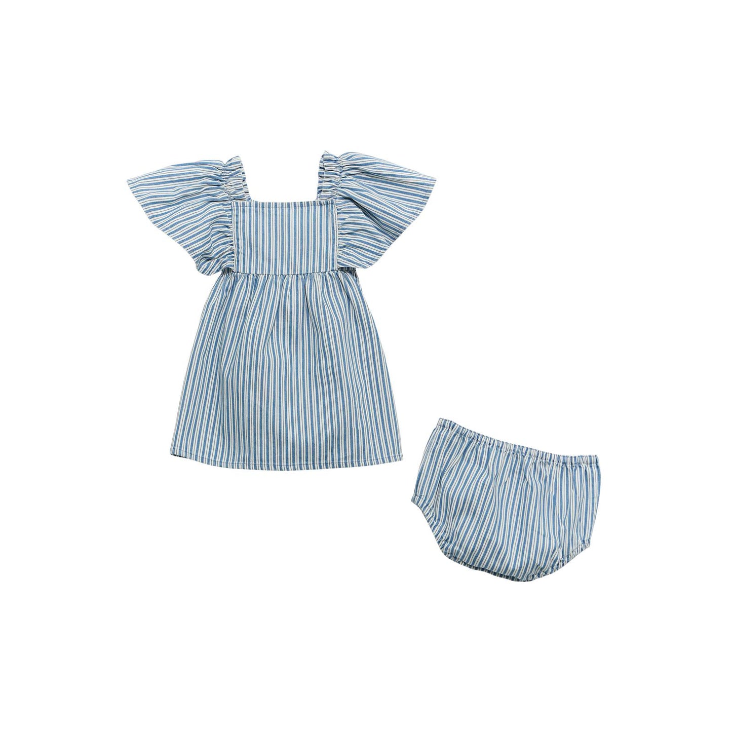 Blue and white striped baby dress with matching bloomers, short flutter sleeves