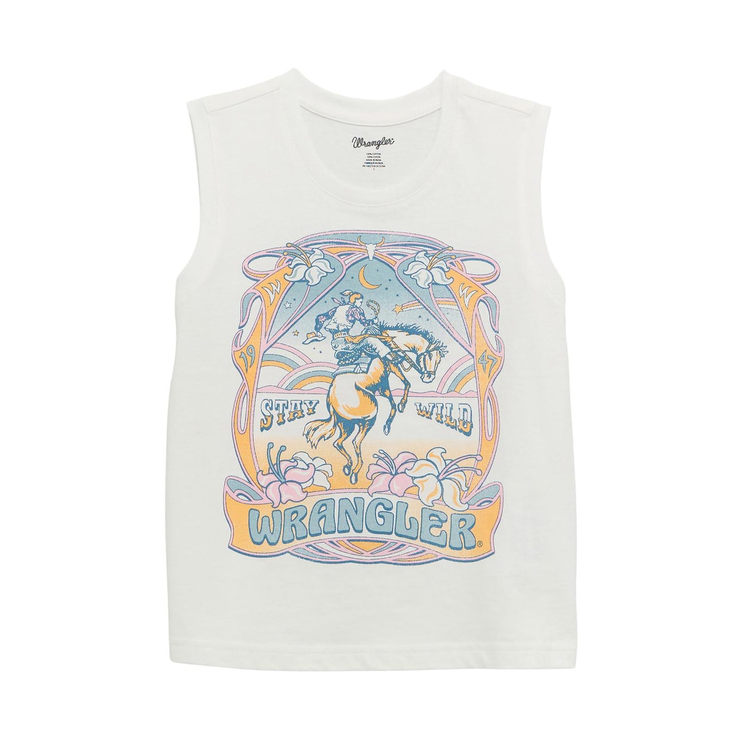 White sleeveless Wrangler t-shirt with pastel cowboy graphic and 'Stay Wild' text