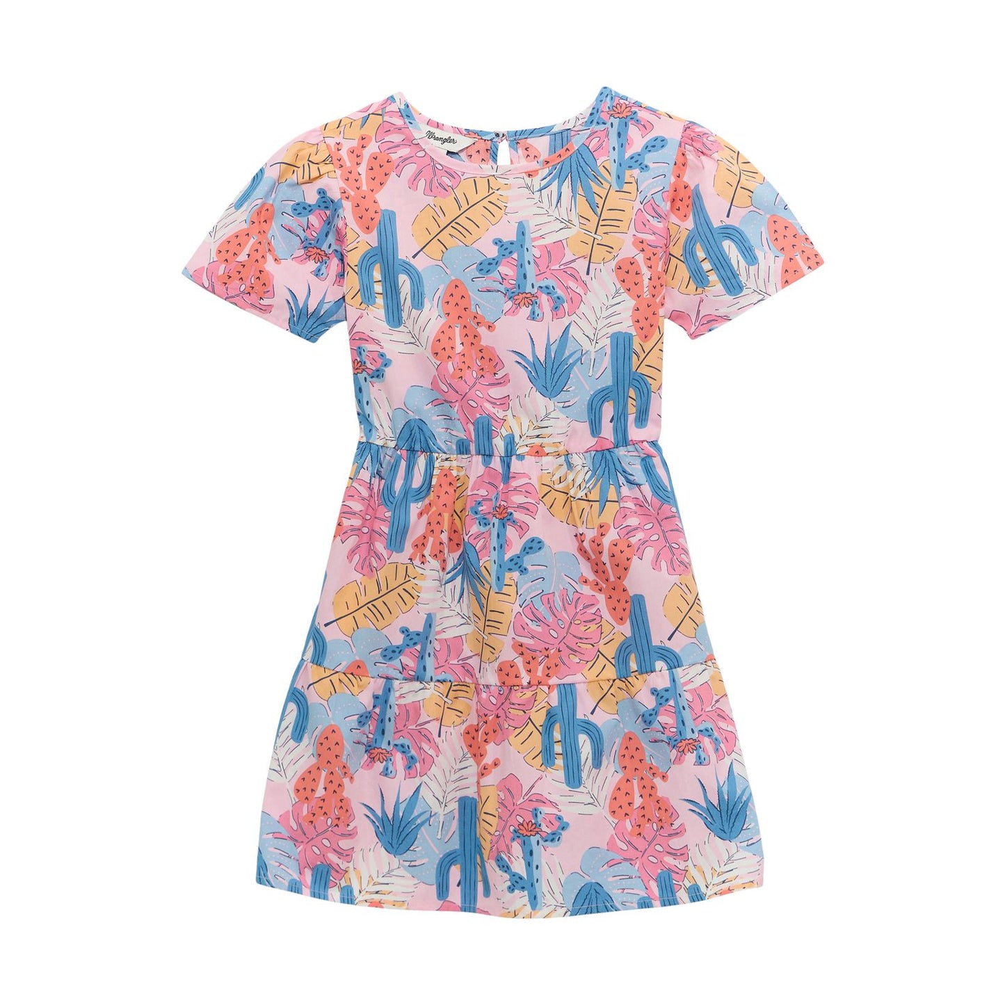 Girls' short sleeve dress with pink, blue, and yellow tropical leaf and cactus print