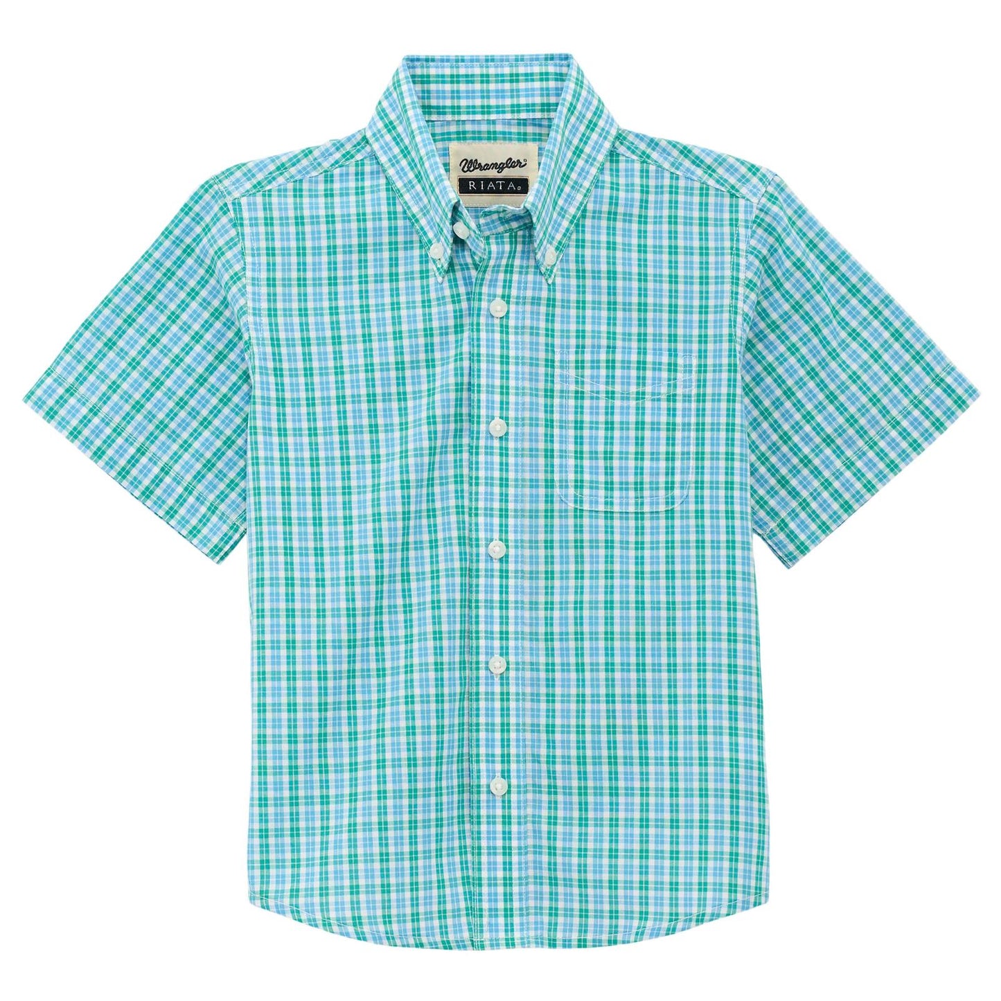 Green checkered shirt with button details on a white background