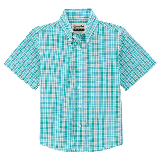 Green checkered shirt with button details on a white background