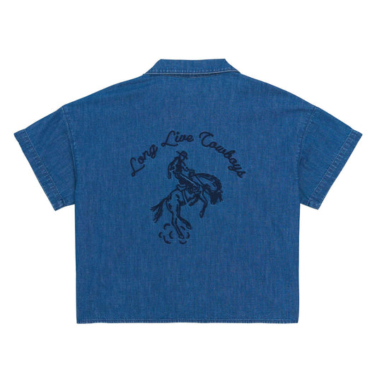 Blue denim shirt with 'Long Live Cowboy' text and graphic on the back, on a white background