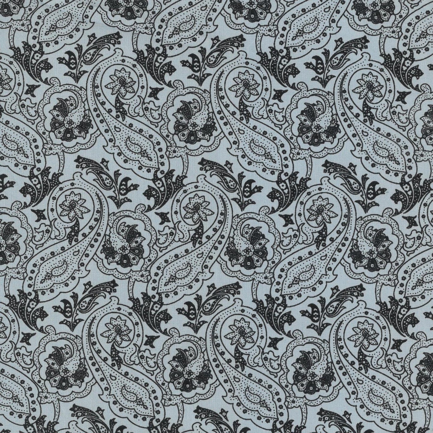 Black paisley pattern on a light blue background