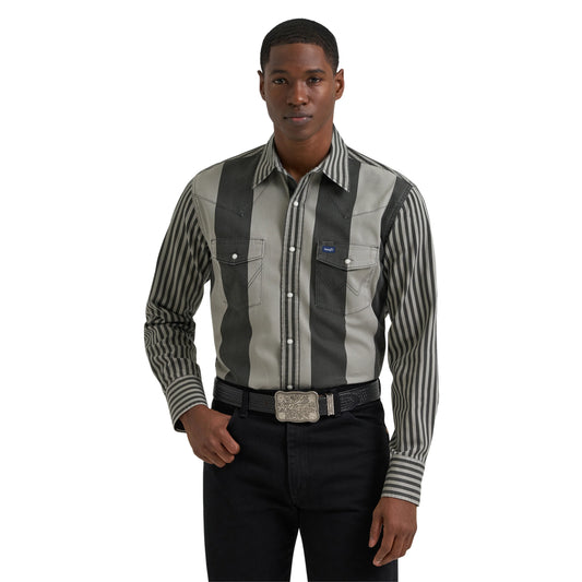 Man wearing a striped shirt with a visible brand logo on a white background