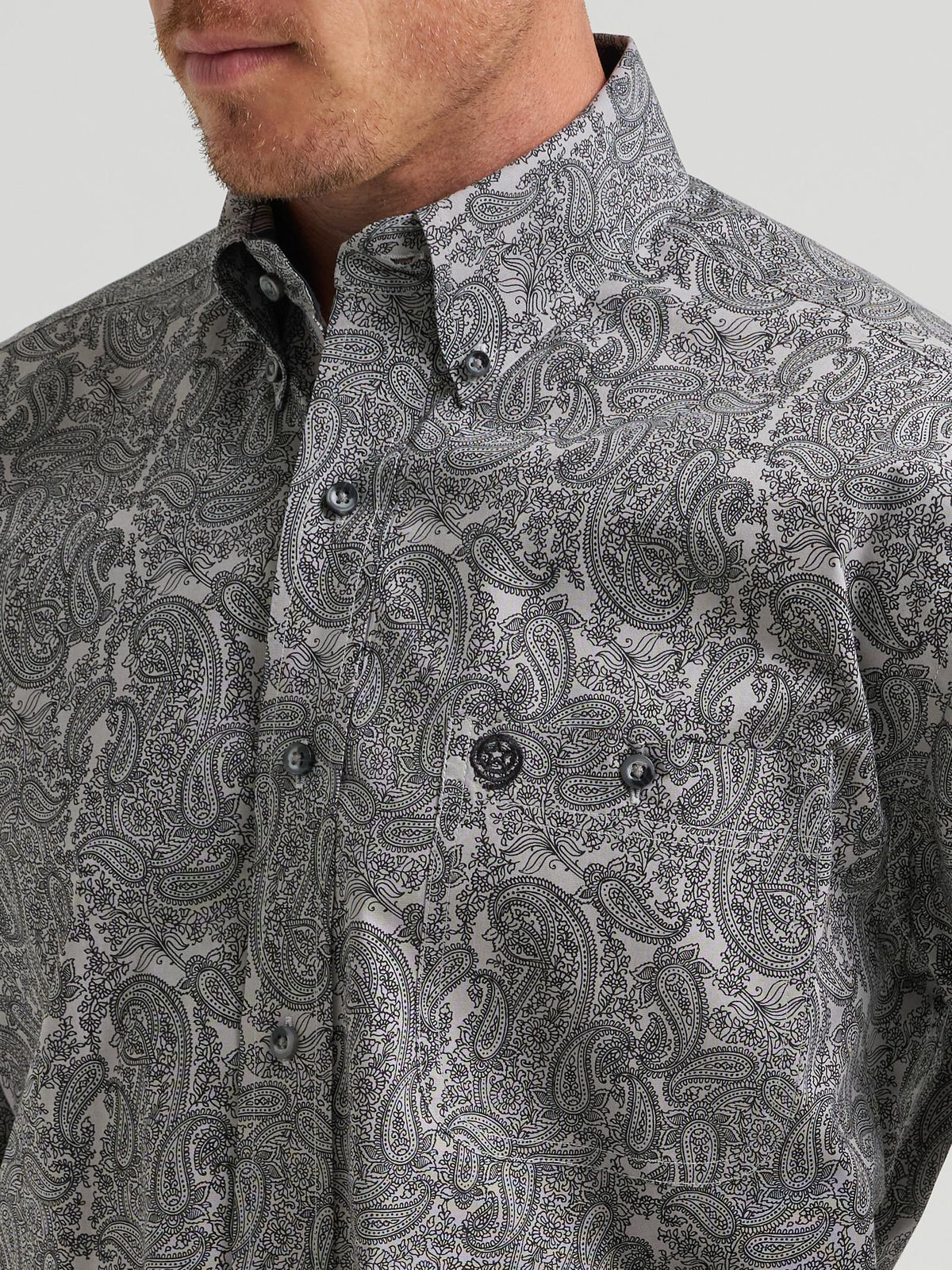 Wrangler® George Strait Collection One Pocket Long Sleeve Shirt - Stretch - Grey/Black - 112385358