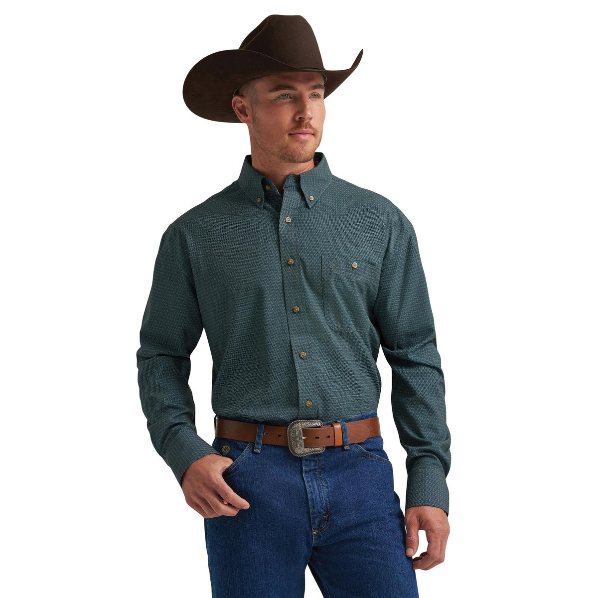 Wrangler® George Strait Collection One Pocket Long Sleeve Shirt - - Easy Care - Green - 112385378