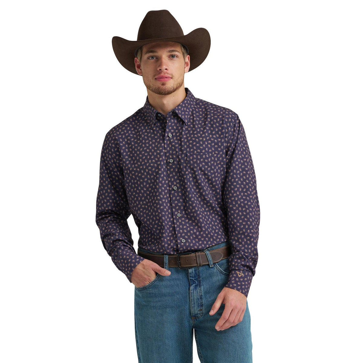 Wrangler® X Cody Johnson Long Sleeve Shirt - Classic Fit - Easy Care - Navy/Brown - 112385479