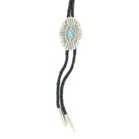 M&F Black Antique Double S Bolo Tie with Silver Southwestern Oval Concho & Turquoise Stone