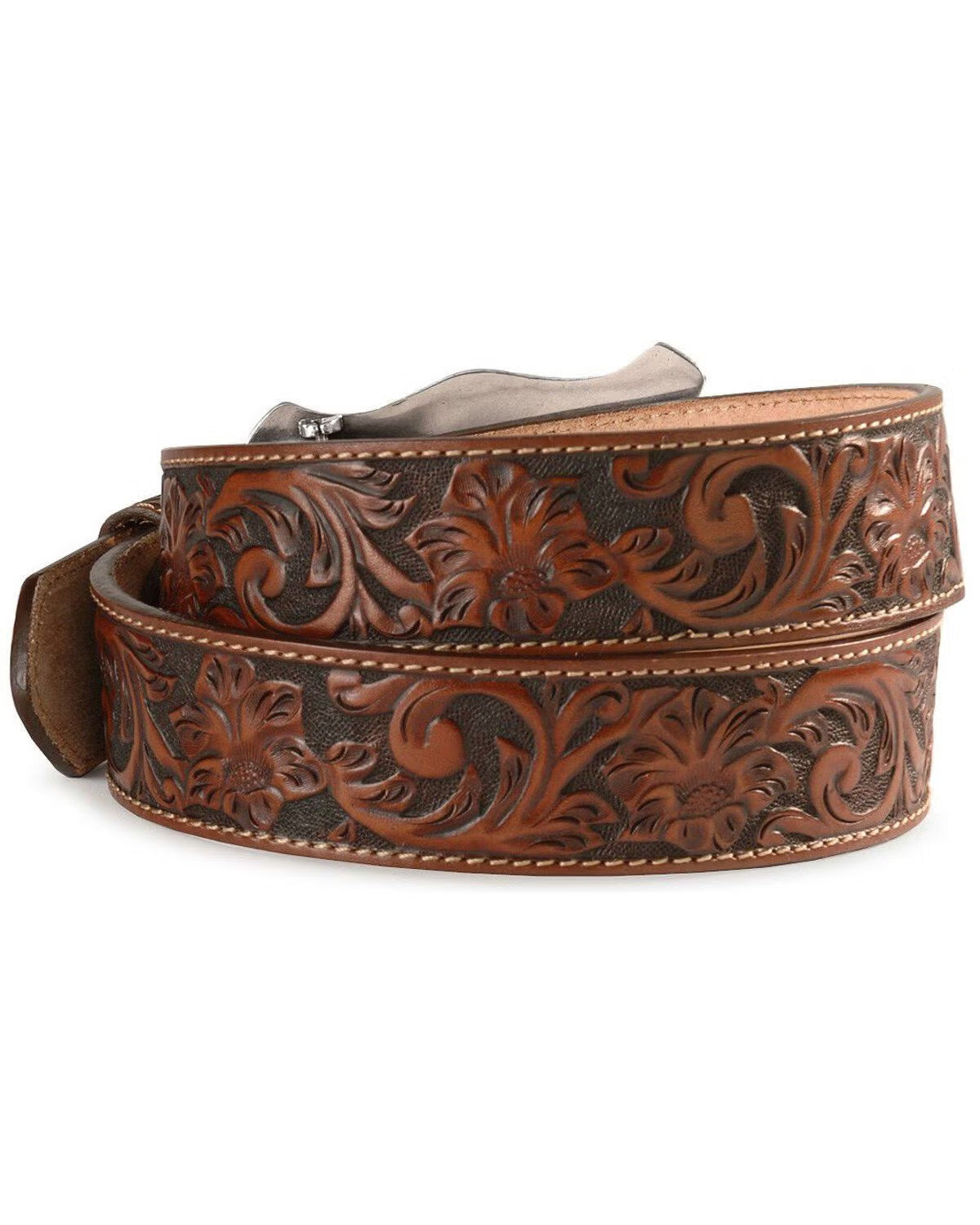 Brown leather belt with intricate floral patterns on a white background