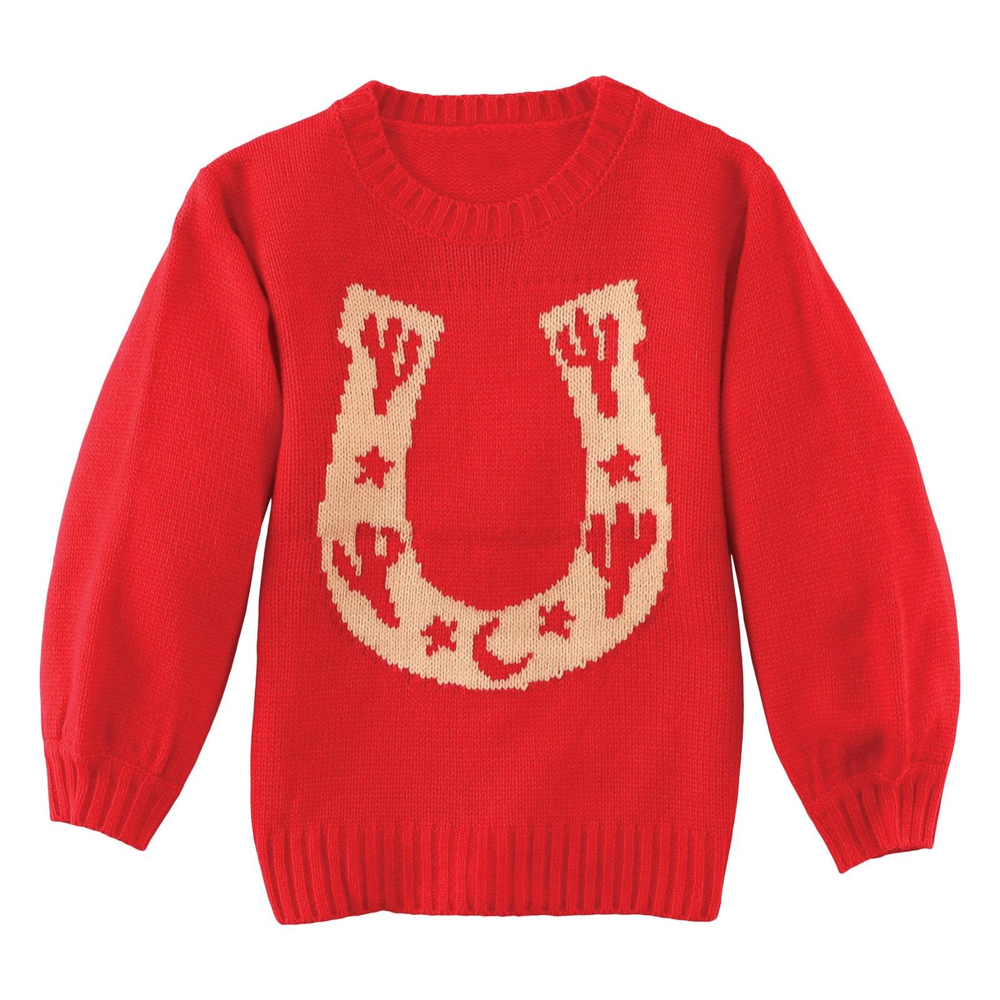 Red knit sweater with large beige horseshoe graphic and western motifs on front