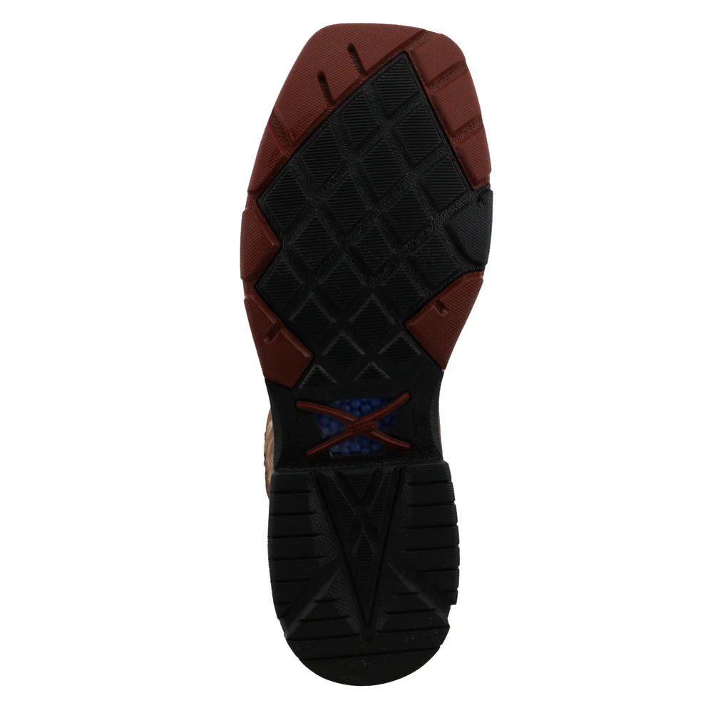 Rugged work boot sole with black and brown tread, slip-resistant outsole pattern