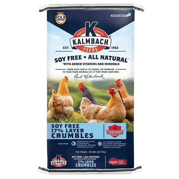 Bag of Kalmbach Feeds Soy Free 17% Layer Crumbles chicken feed with hens on grass