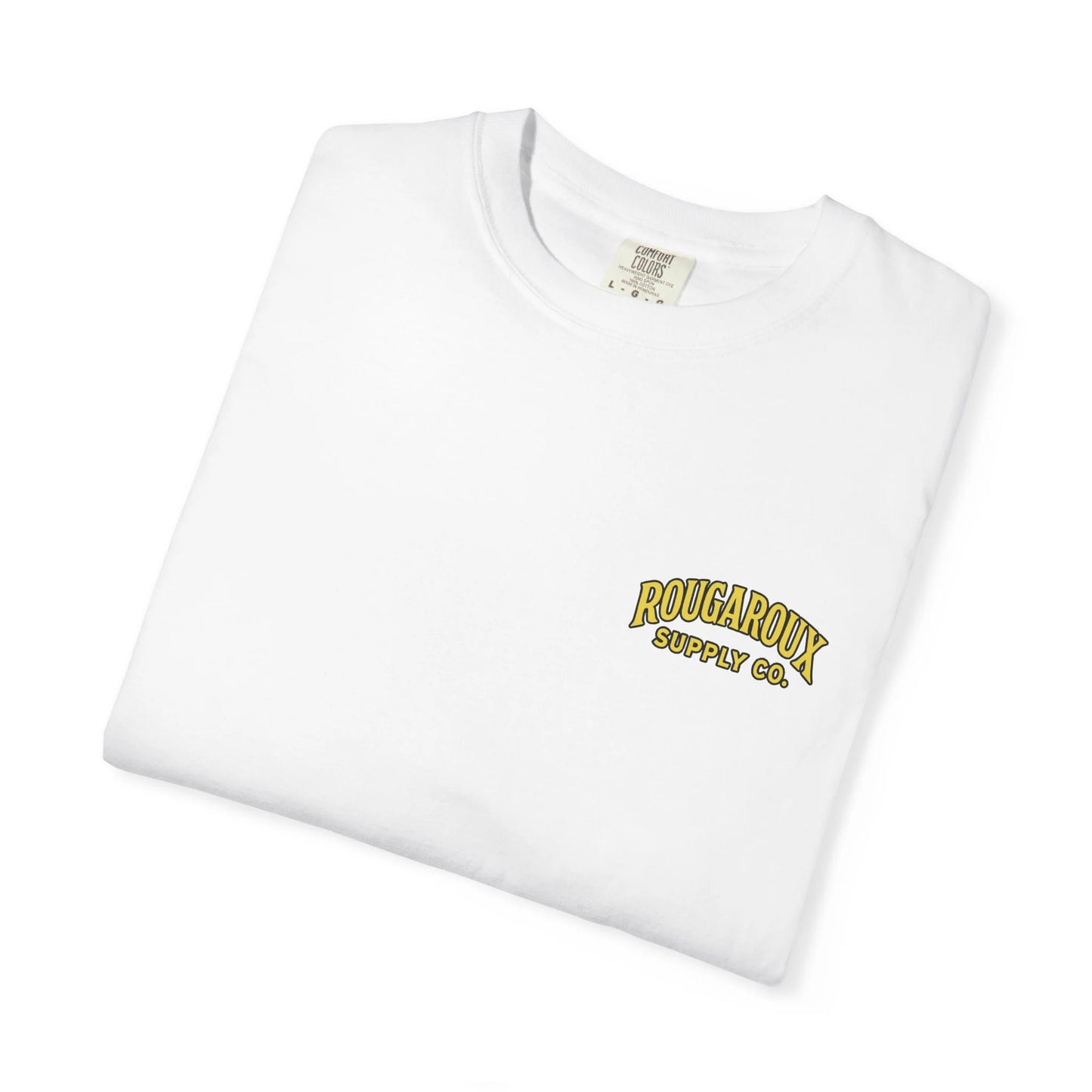 White t-shirt with yellow text on a white background