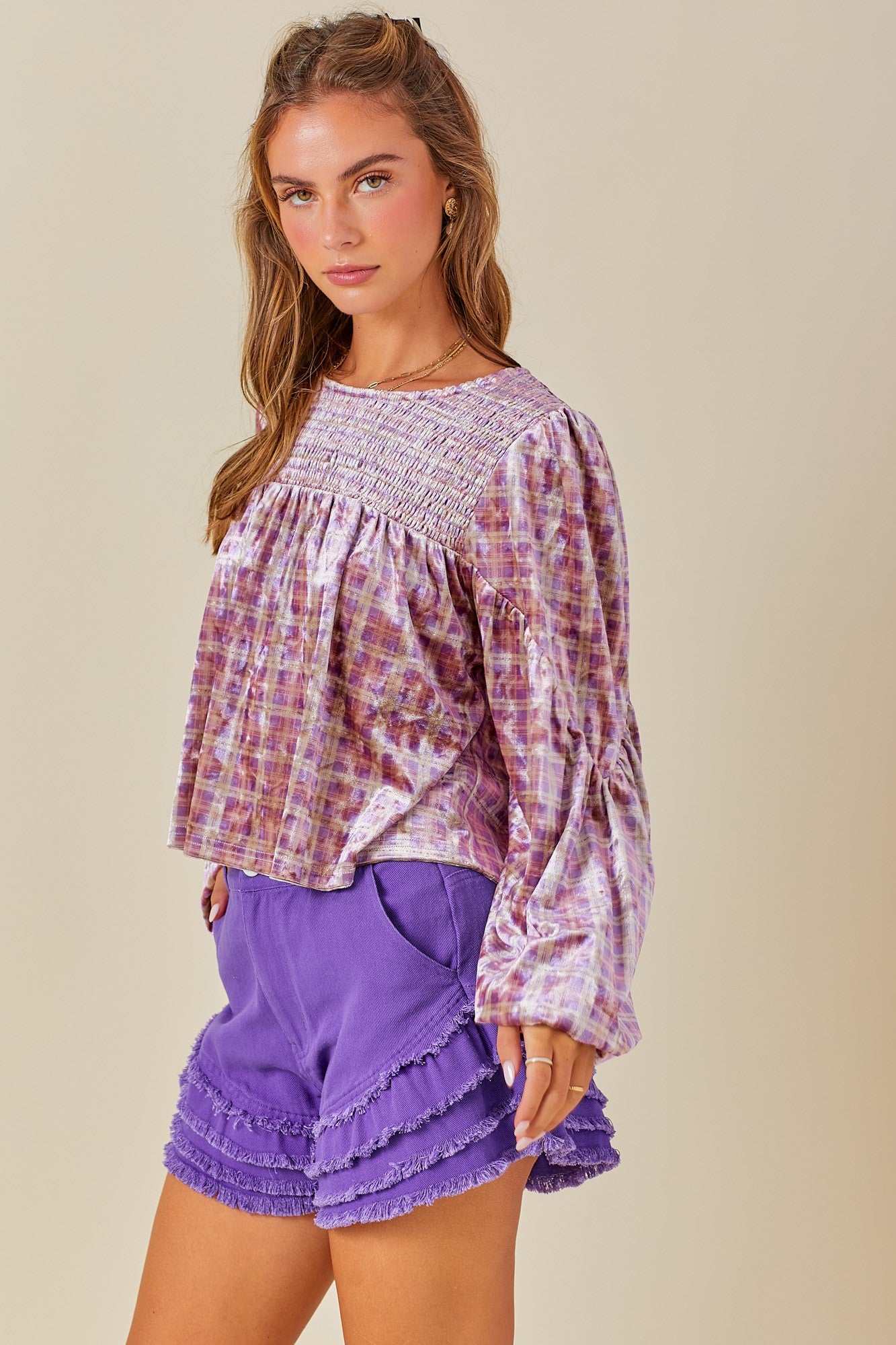 Smocked Yoke Detail Velvet Plaid Long Sleeve Top