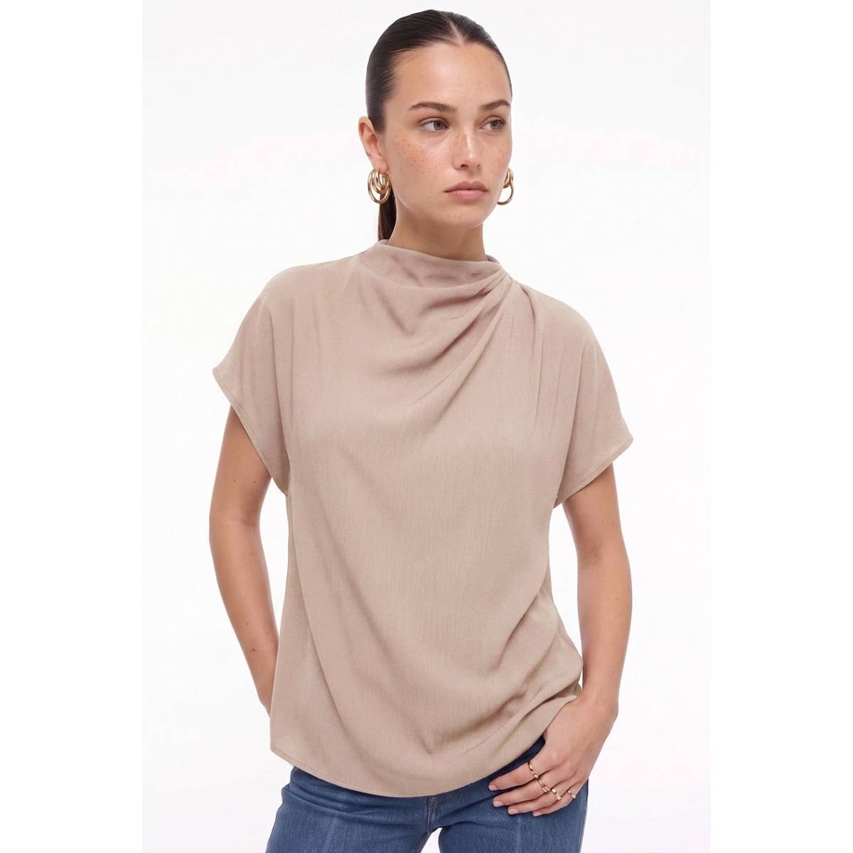 Naked Zebra - Mock Neck Draped Textured Satin Fall Blouse
