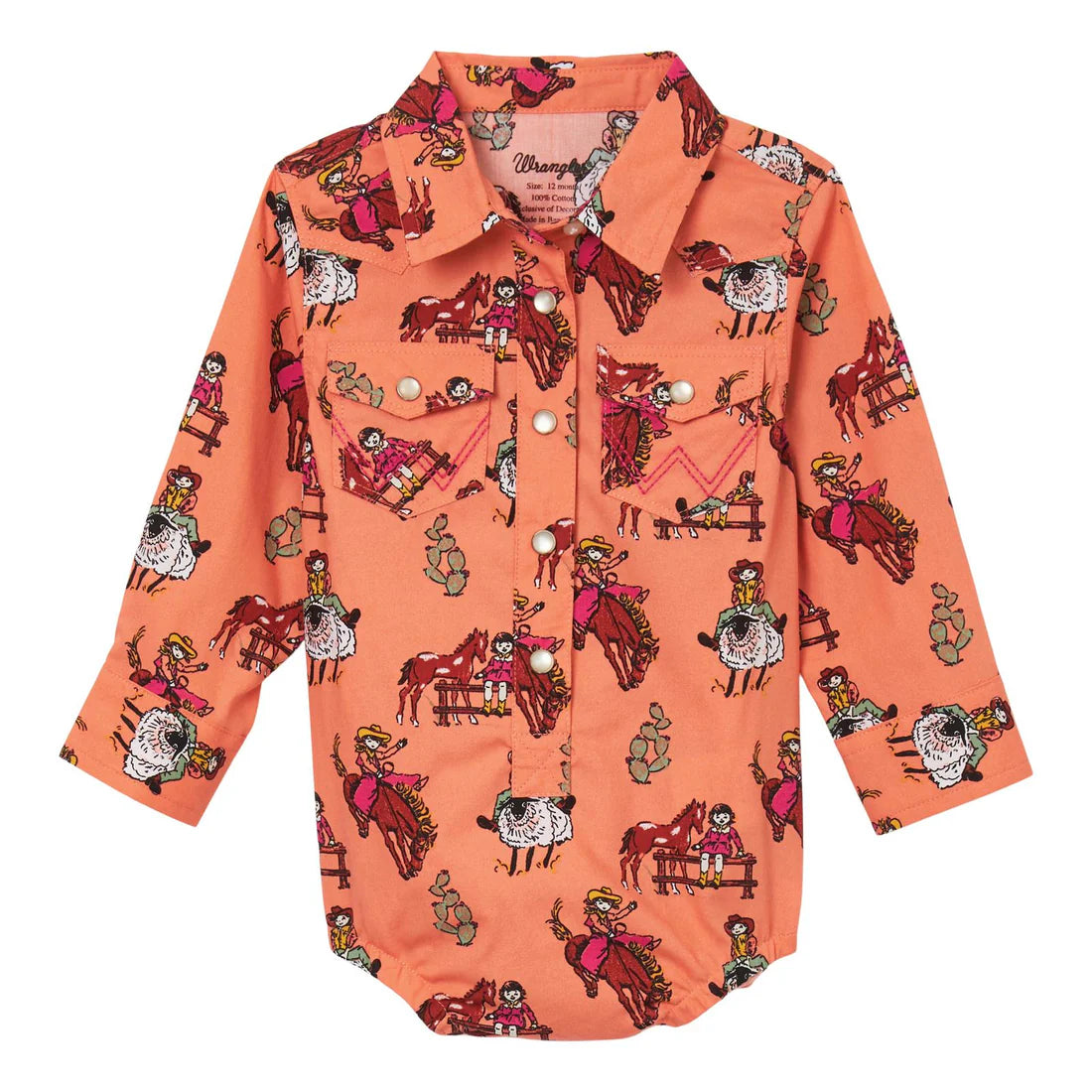 Infant western snap shirt bodysuit with cowboy and rodeo print on orange fabric