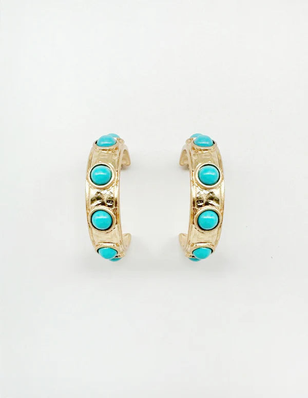 Gold Hoop with Turquoise Studded Accents 1.5" Earring