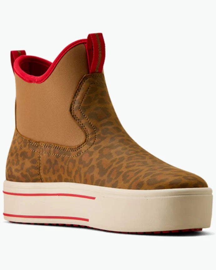 A mid-calf platform sneaker boot featuring a brown and black leopard print upper, a tan elastic side panel, a red pull tab, and a thick cream platform sole with red stripe accents.
