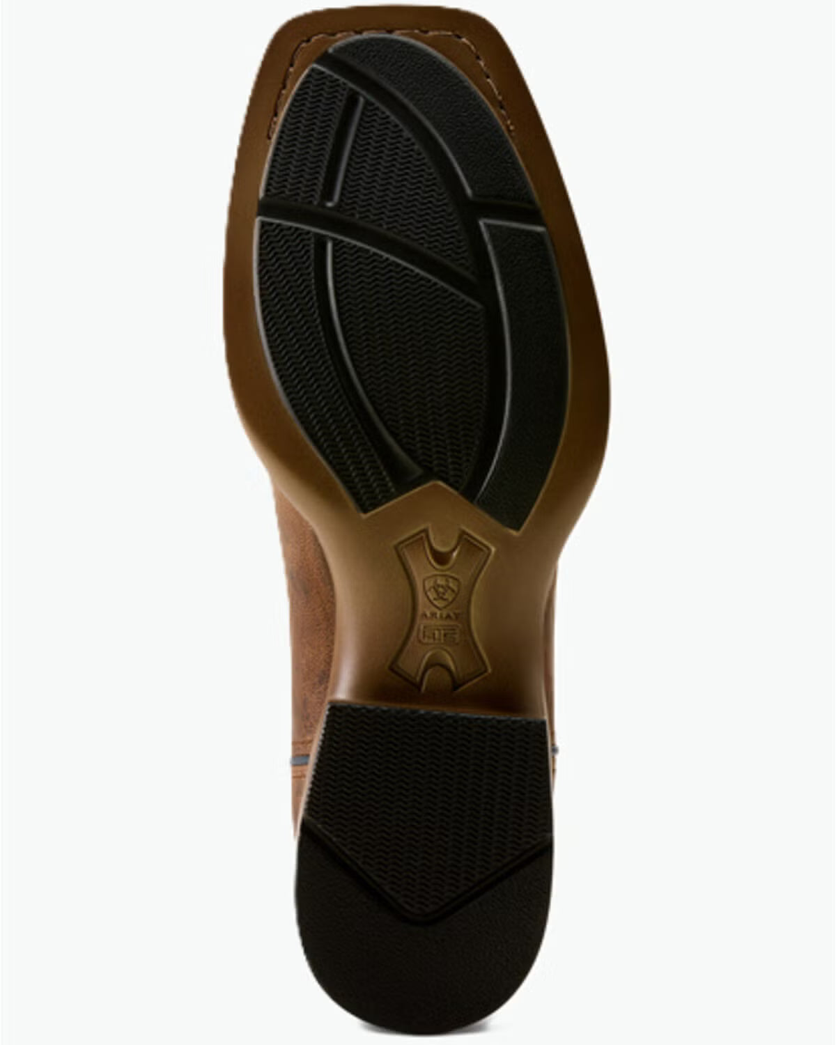 A close-up top-down view of a brown boot sole, showing a black treaded outsole and a molded brand logo near the heel on a light gray background.