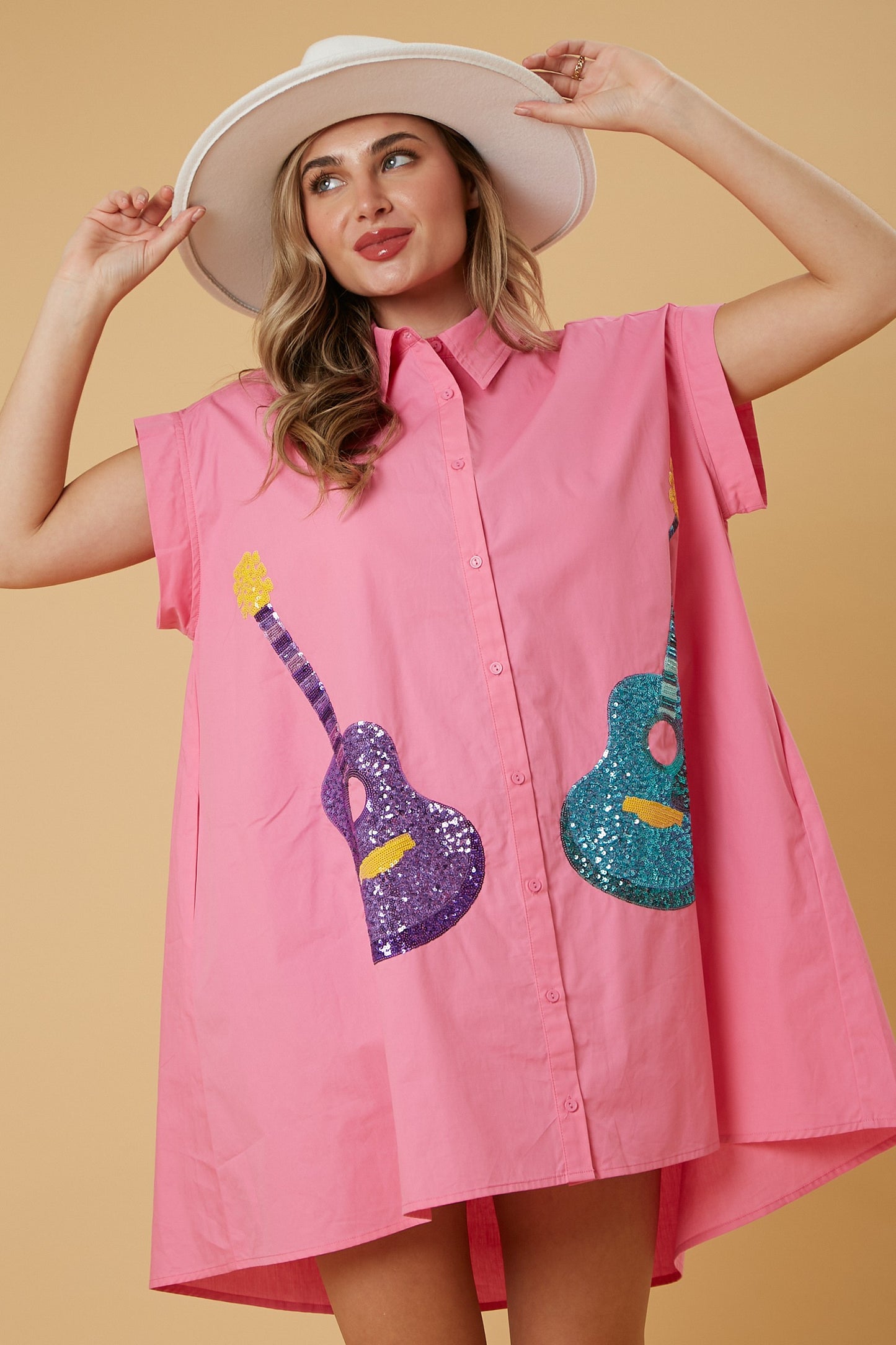 Peach Love California - Sequin Guitars Button Down Shirt Dress