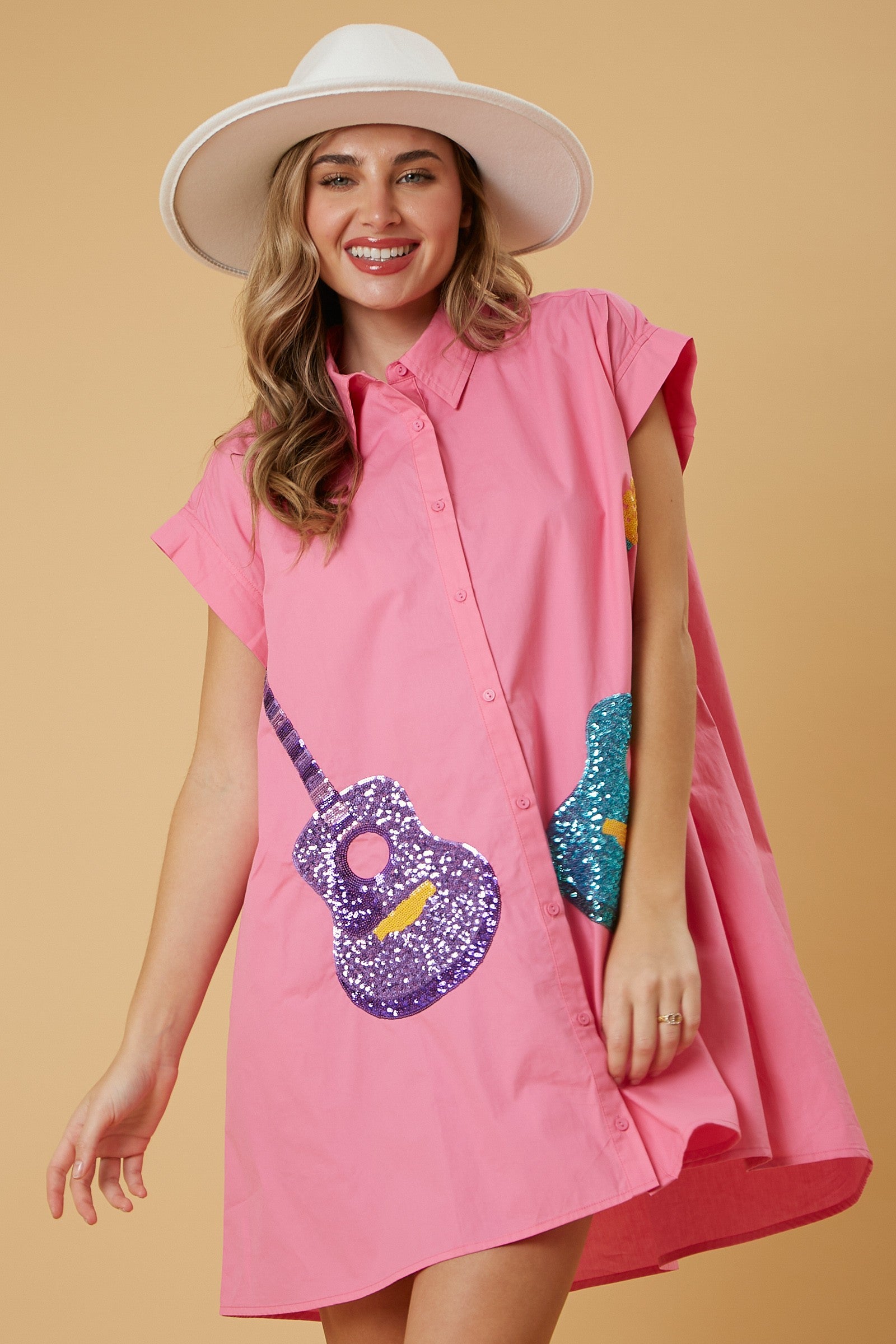 Peach Love California - Sequin Guitars Button Down Shirt Dress S Peach Love California - Sequin Guitars Button Down Shirt Dress S