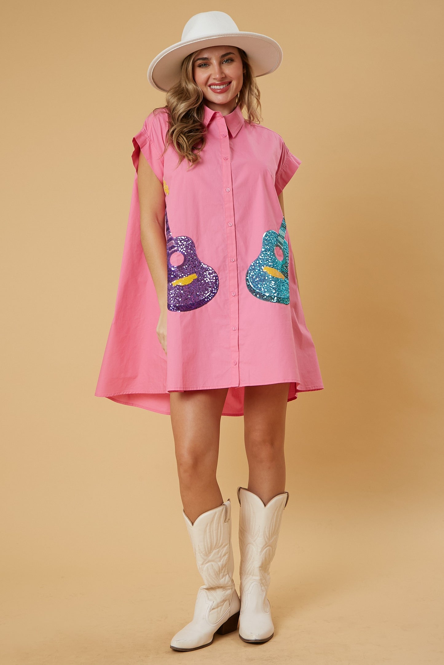 Peach Love California - Sequin Guitars Button Down Shirt Dress