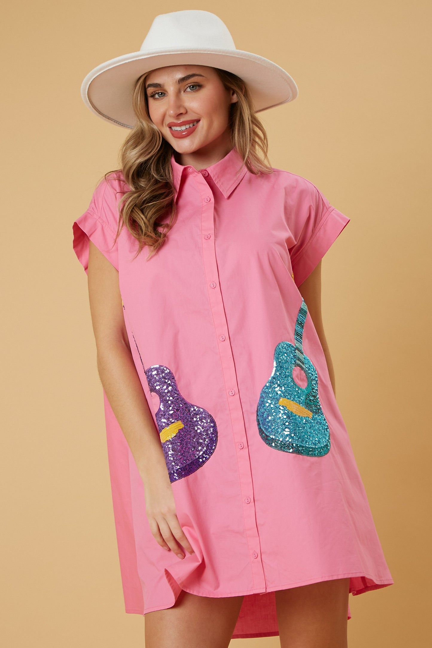 Peach Love California - Sequin Guitars Button Down Shirt Dress