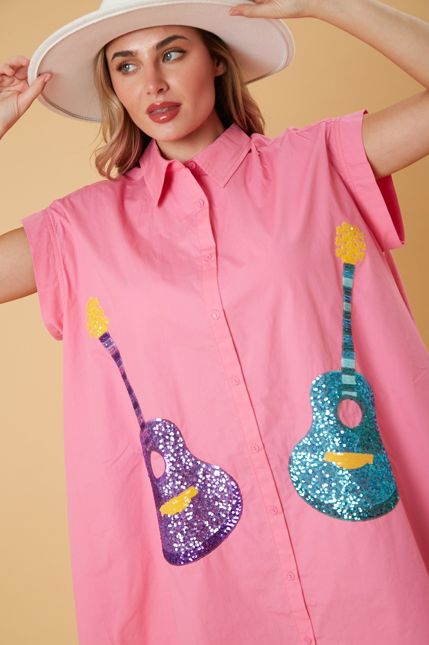 Peach Love California - Sequin Guitars Button Down Shirt Dress