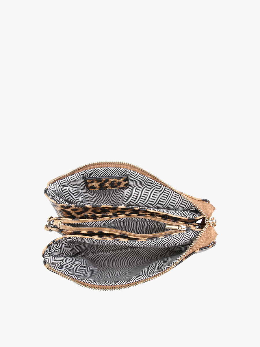 Open handbag with geometric pattern on a white background