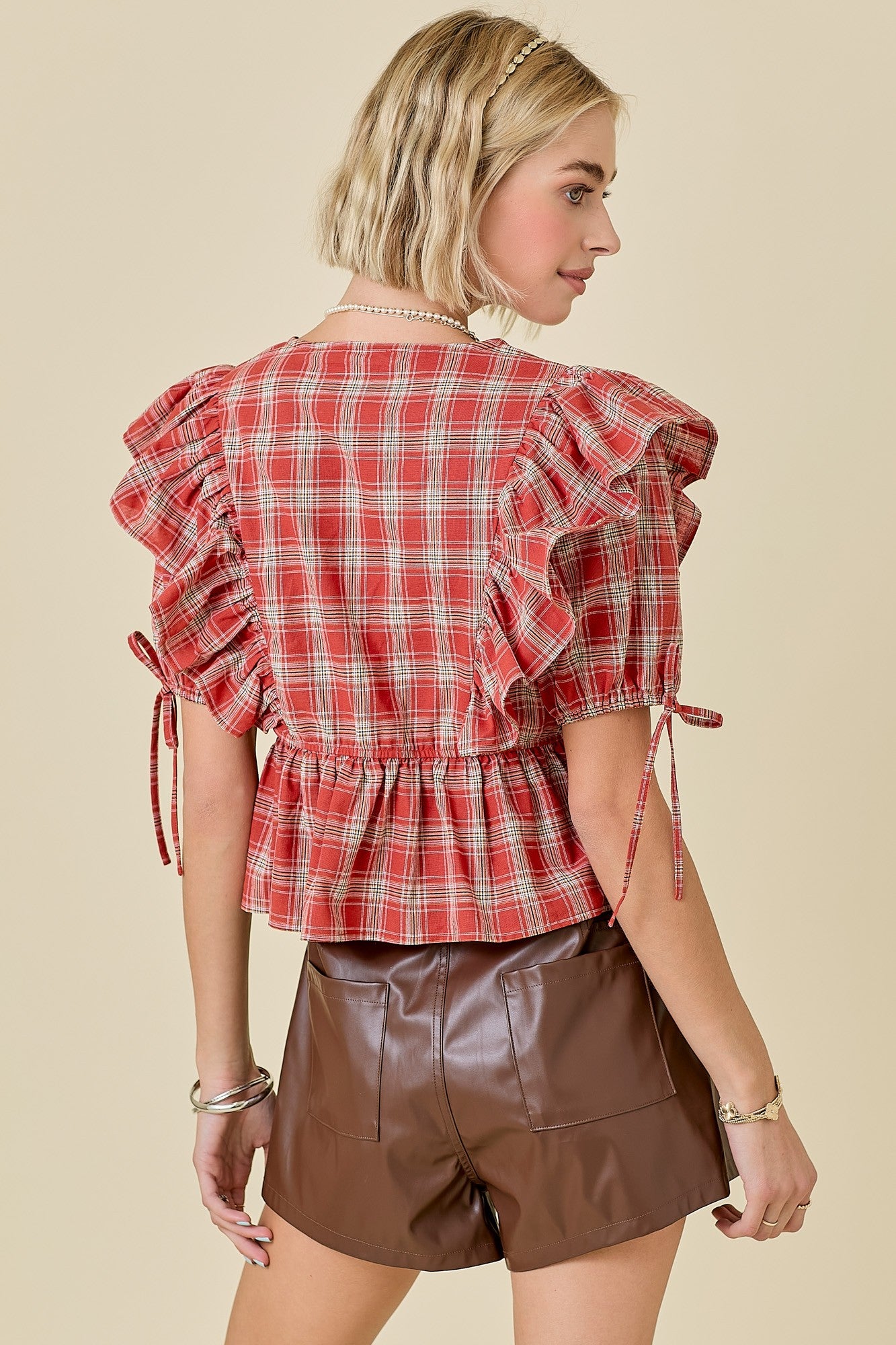 Plaid Babydoll Top W/ Ruffle Detail And Puff Slvs