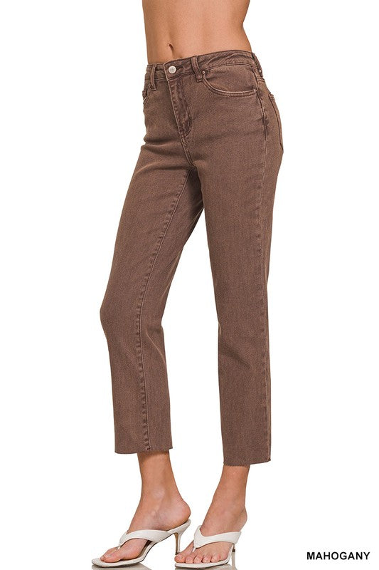 Acid Washed High Waist Cropped Straight Pants-BROWN