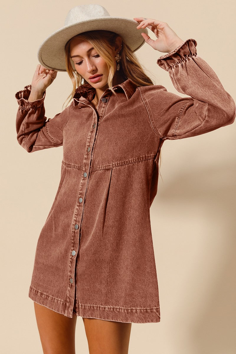 So Me - Rust Denim Button Down Mini Dress SACS Supply & Outfitters So Me - Rust Denim Button Down Mini Dress SACS Supply & Outfitters