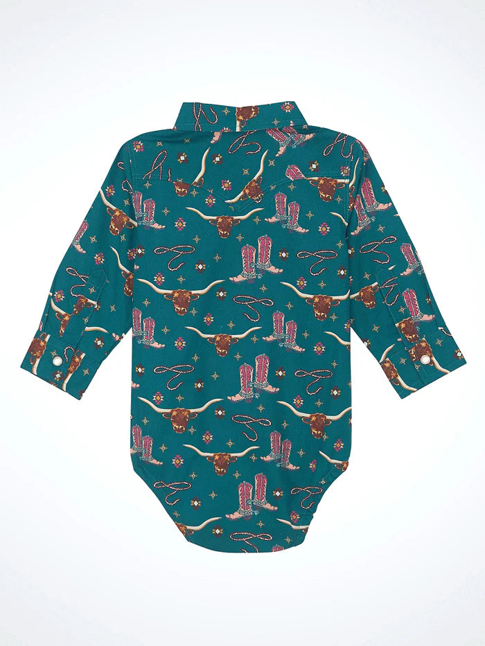 Teal baby bodysuit with western cow head, lasso, and cowboy boots print, long sleeves